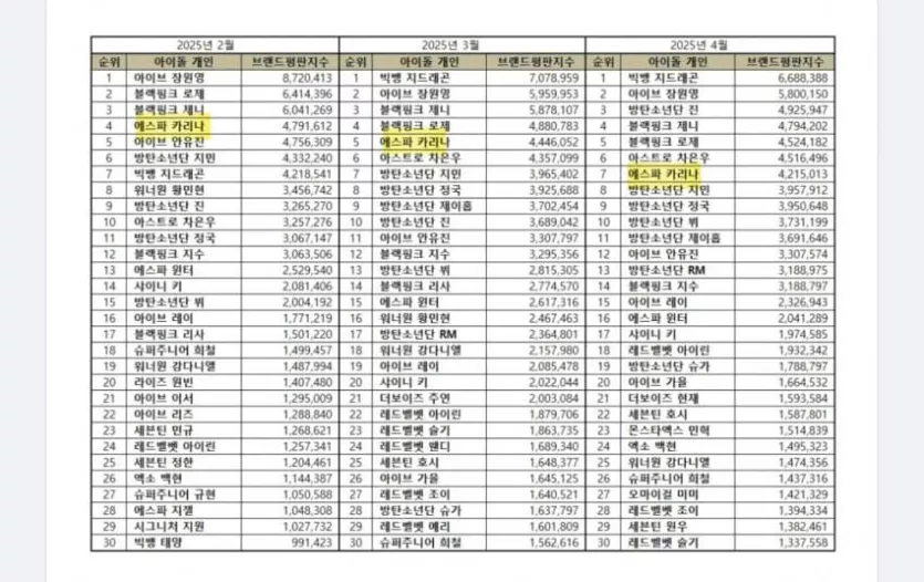 에스파 카리나 브랜드 평판 변동