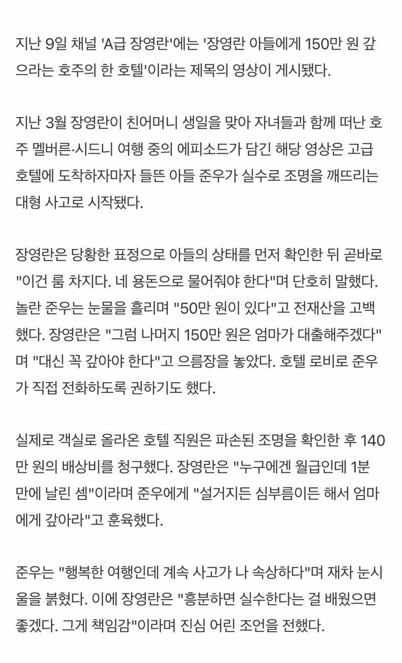 장영란 아들, 호텔서 기물 파손…